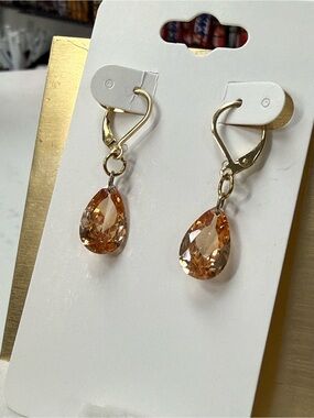 Gold Teardrop Crystal Drop Earrings - Peach/Champagne